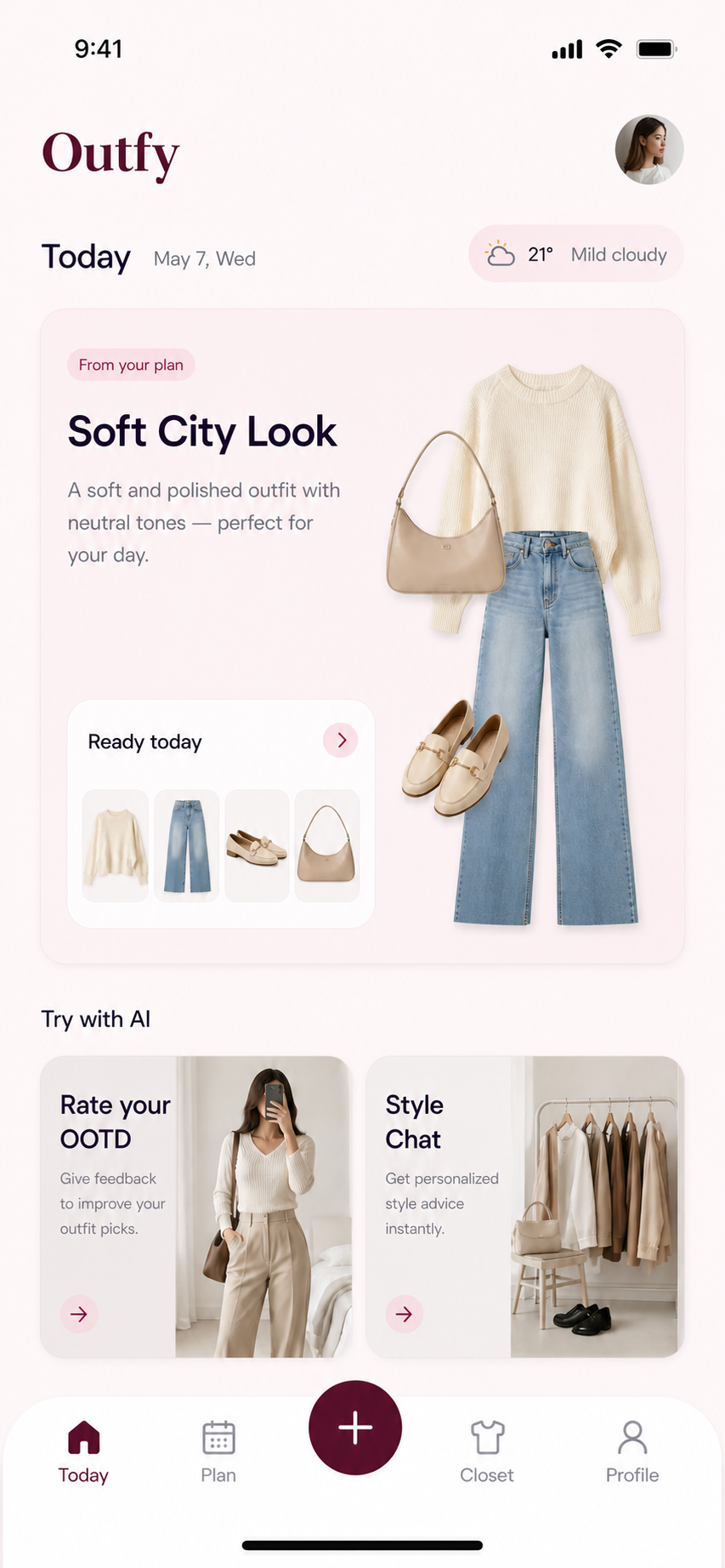 Outfy app showing outfit recommendation - Soft City Look with cream sweater, blue jeans, and beige accessories